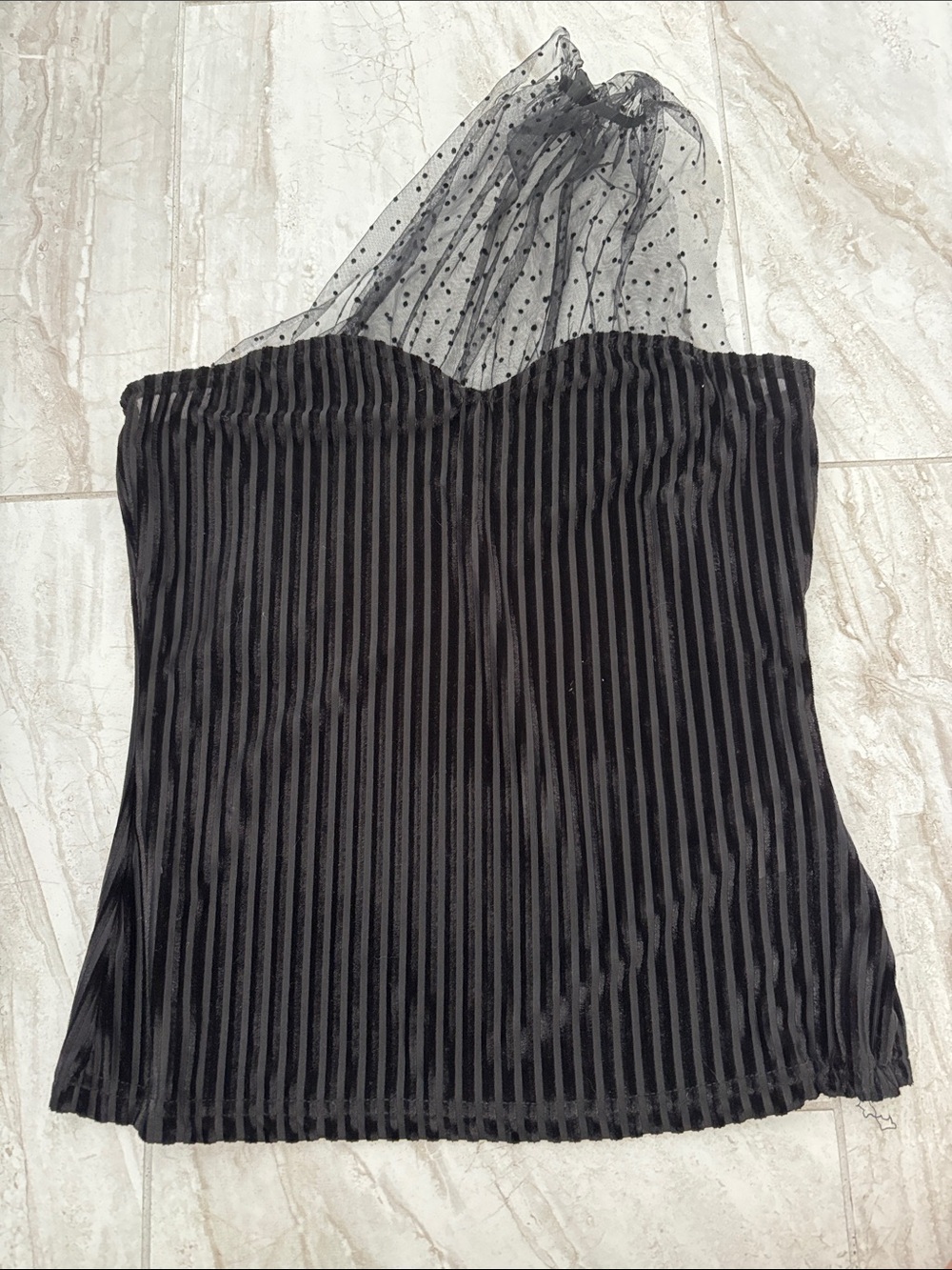 SHEIN Black One-Shoulder Pleated Top with Dot Mesh Accent